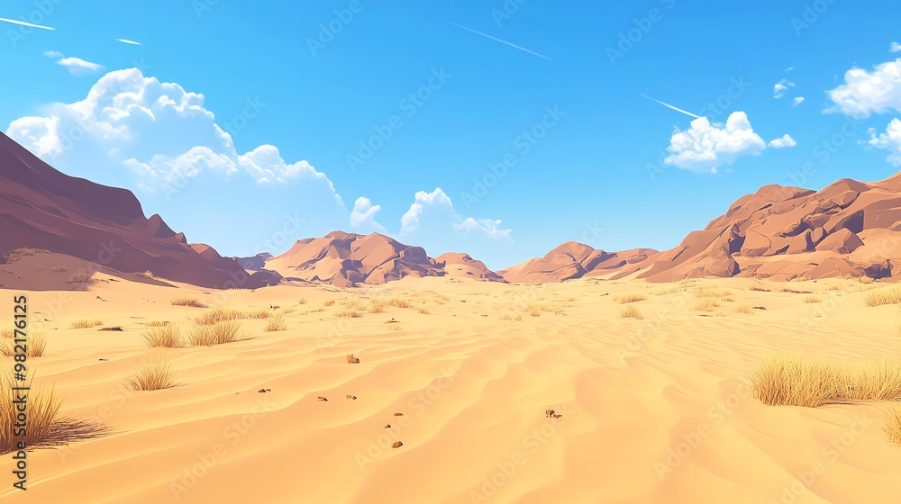 A vast desert landscape with towering red rock formations under a bright blue sky. A vast desert landscape with towering red rock formations under a bright blue sky.