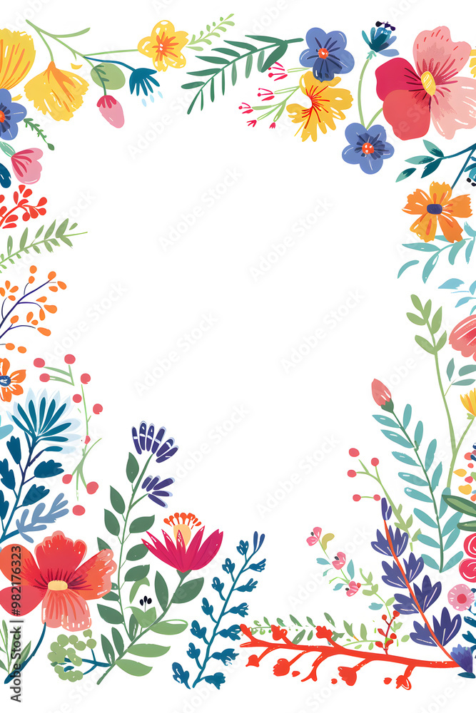 Bright and lively floral border design with an array of multicolored flowers, isolated on white Bright and lively floral border design with an array of multicolored flowers, isolated on white