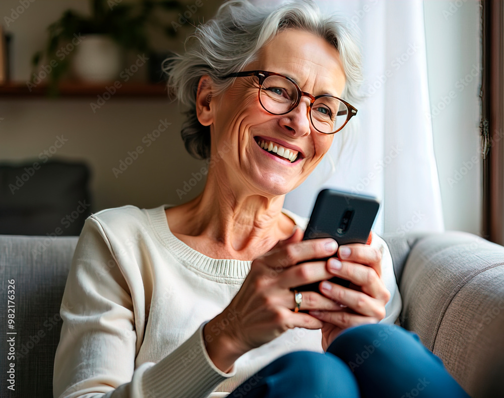 Pretty middle-aged woman in glasses looking away holding smartphone smile, resting on sofa at home, making call, browse wireless internet, search information, spend free time online on leisure indoors