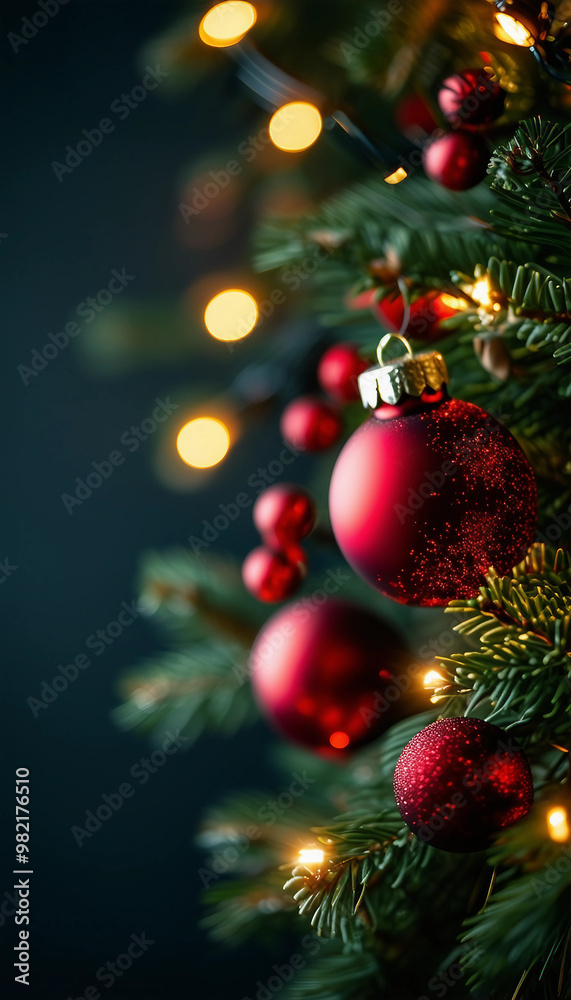 Christmas or New Year festive background., Fir branches with decorations on a dark background Christmas or New Year festive background., Fir branches with decorations on a dark background