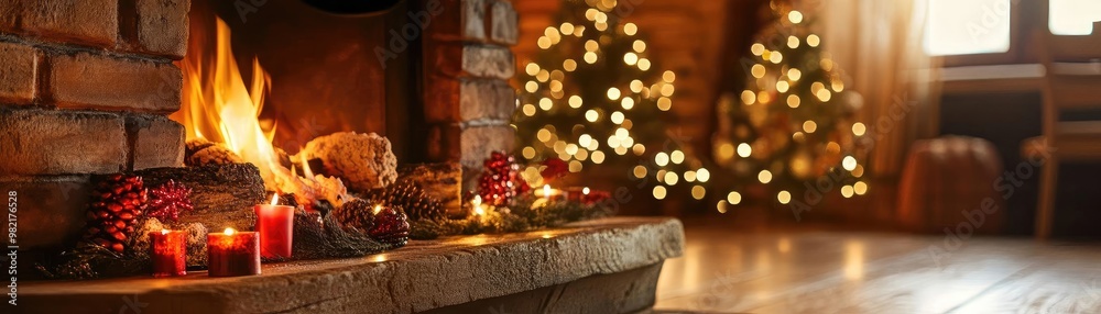 Obraz premium Cozy Christmas scene with a warm fireplace, glowing candles, and decorated trees, evoking holiday spirit and comfort.