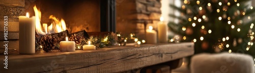 Warm and cozy fireplace scene decorated for the holidays, featuring candles, a wooden mantel, and a twinkling Christmas tree. photo