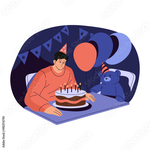 Single young man celebrates Birthday alone. Lonely sad guy blowing out candles on cake. Depressed, unhappy person in solitude at party. Loneliness concept. Flat isolated vector illustration on white