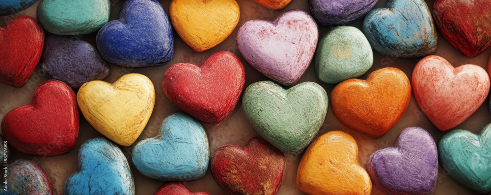 Colorful wooden hearts scattered in vibrant pattern Colorful wooden hearts scattered in vibrant pattern