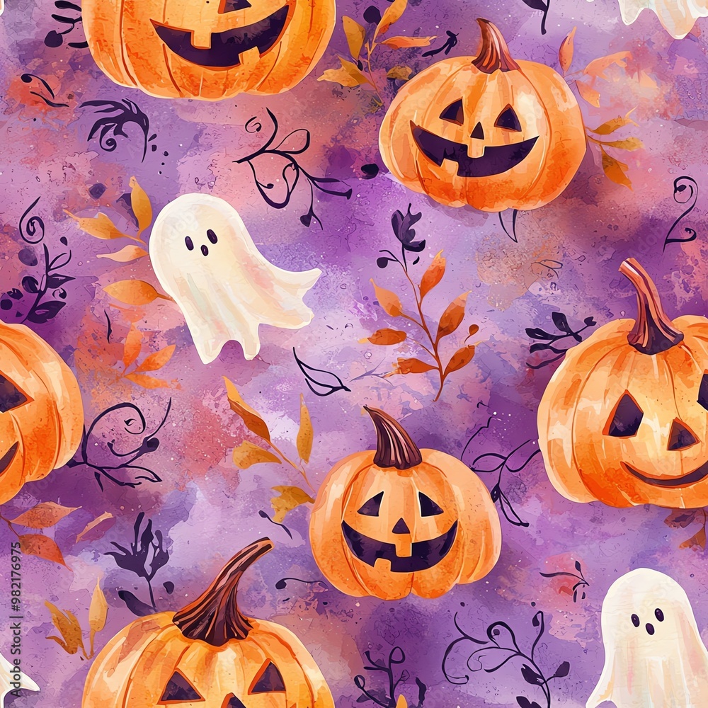 Cute Halloween seamless pattern with pumpkins and ghosts on a purple background. Cute Halloween seamless pattern with pumpkins and ghosts on a purple background.