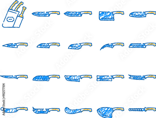 kitchen knife for cutting food doodle icons set vector. sketch line art chef kitchen knife for cut meat fillet and tomatoes, bread and pizza, nakiri for vegetables and fruits color illustrations