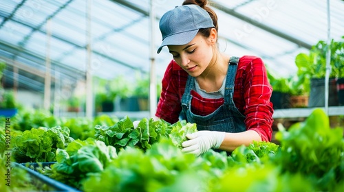 Worker picking fresh vegetables in a greenhouse.