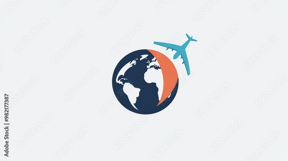A simple blue airplane flies over a stylized earth globe. A simple blue airplane flies over a stylized earth globe.