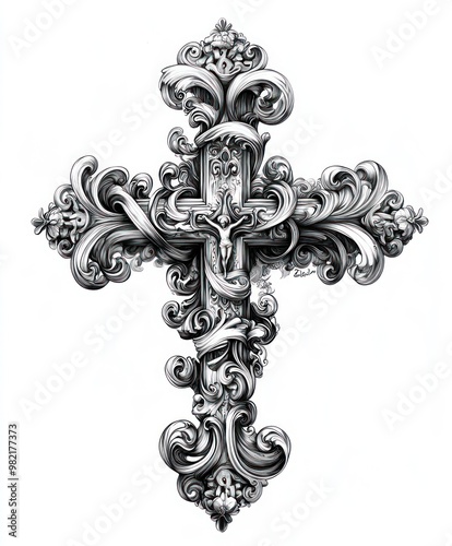 Ornate decorative cross featuring intricate floral and scroll designs.