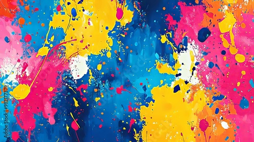 Abstract Painting with Pink, Yellow, Blue, and Orange Splashes photo