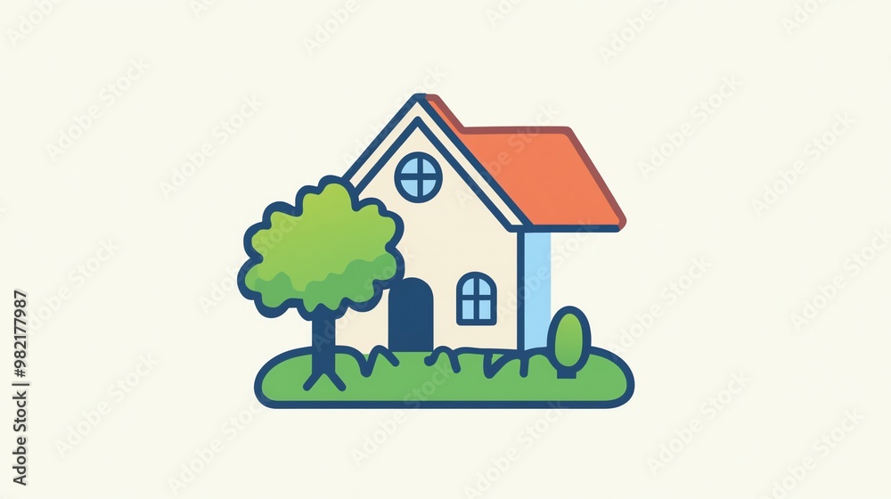 Cartoon illustration of a small house with a tree and grass. Cartoon illustration of a small house with a tree and grass.