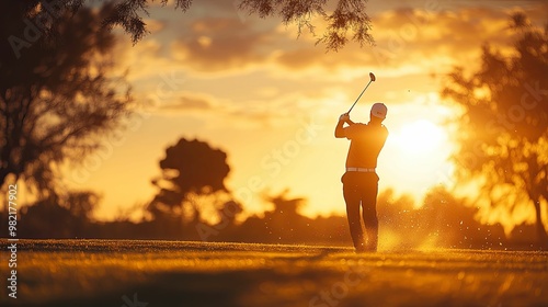 Golfer Swinging at Sunset with a Golden Sky