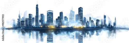 Night big city skyline, with dark building silhouettes and scattered lights, on white background