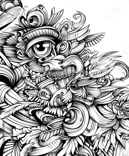 Intricate black-and-white abstract design featuring organic shapes and flowing lines.