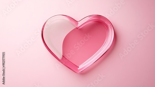 A pink glass heart on a pink background.