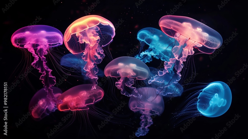 A captivating display of colorful jellyfish gracefully swimming in dark waters, showcasing their bioluminescent glow