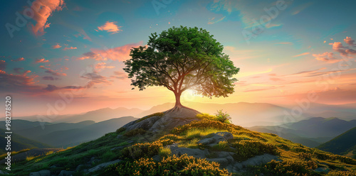 Realistic photo of an isolated tree on top of a mountain with a sunset sky background. photo