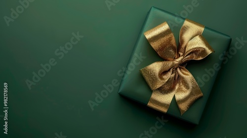 Beautifully wrapped gift box with elegant golden bow on a solid green background, ideal for holiday celebrations, birthday cards, festive occasions, and special event designs featuring luxurious and s