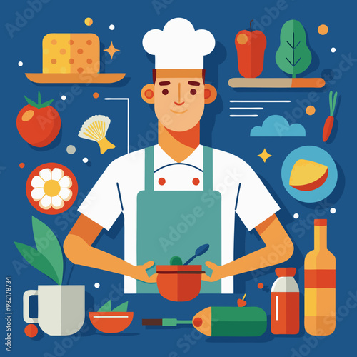 A young man cooks in a colorful illustration of a kitchen on a blue background