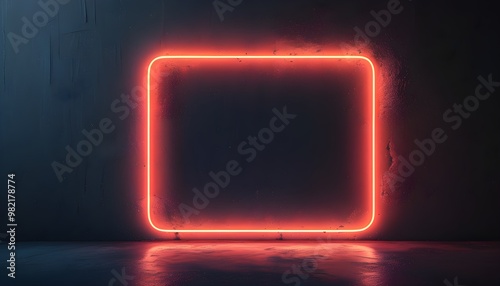 Illuminated blank neon sign framed by a radiant border in a dark atmosphere