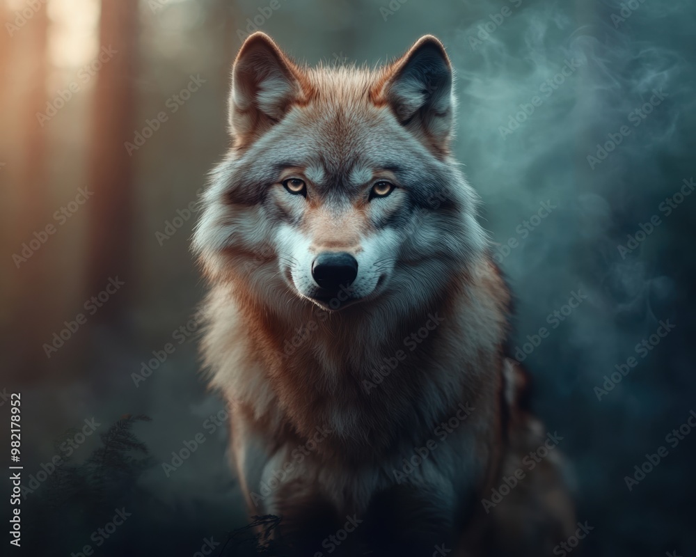 Fototapeta premium A majestic wolf stands confidently in a misty forest, embodying strength and mystery in nature's embrace.