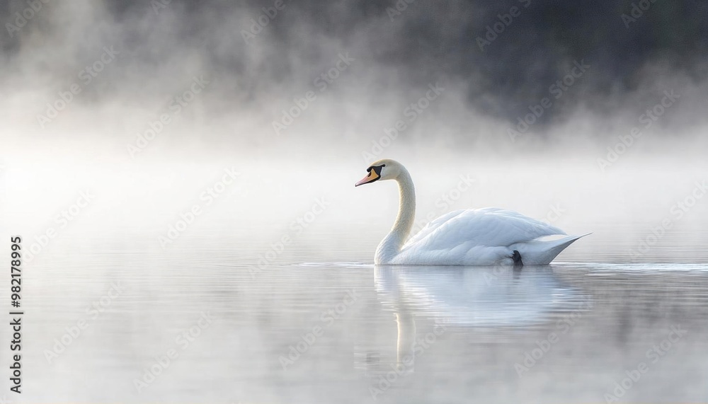 A lone swan gracefully glides through the misty water, its white feathers catching the soft morning light. A lone swan gracefully glides through the misty water, its white feathers catching the soft morning light.