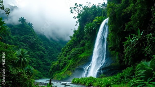 Majestic water cascade plunges into a lush green valley surrounded by vibrant tropical foliage, mist drifting upwards photo