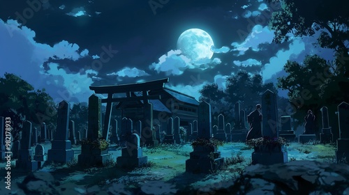 anime background for halloween cemetery under white moon