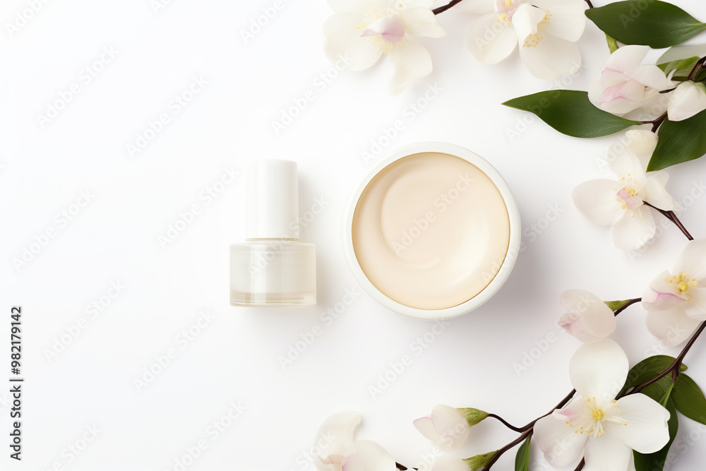 beige and white cosmetic vial and cream jars on white, product design, sunlight, top view