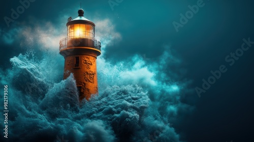 A majestic lighthouse stands resilient amidst crashing waves, illuminating the dark ocean with its guiding light in a stormy scene.