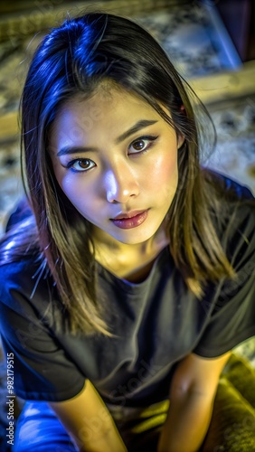 Portrait of a young Asian woman with dark hair and brown eyes looking at the camera with a serious expression photo