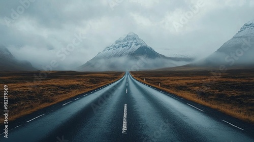 A winding road leading to a snow-capped mountain in a misty landscape