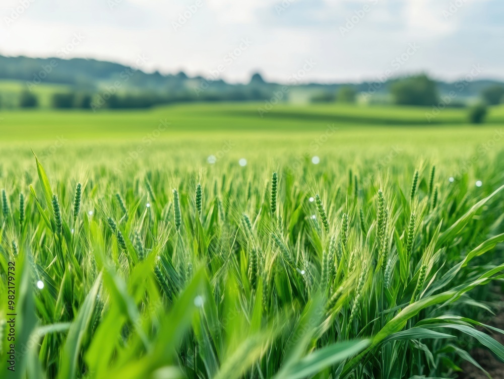 Obraz premium A lush green field of grass under a clear sky, evoking a sense of tranquility and nature's beauty in the countryside.