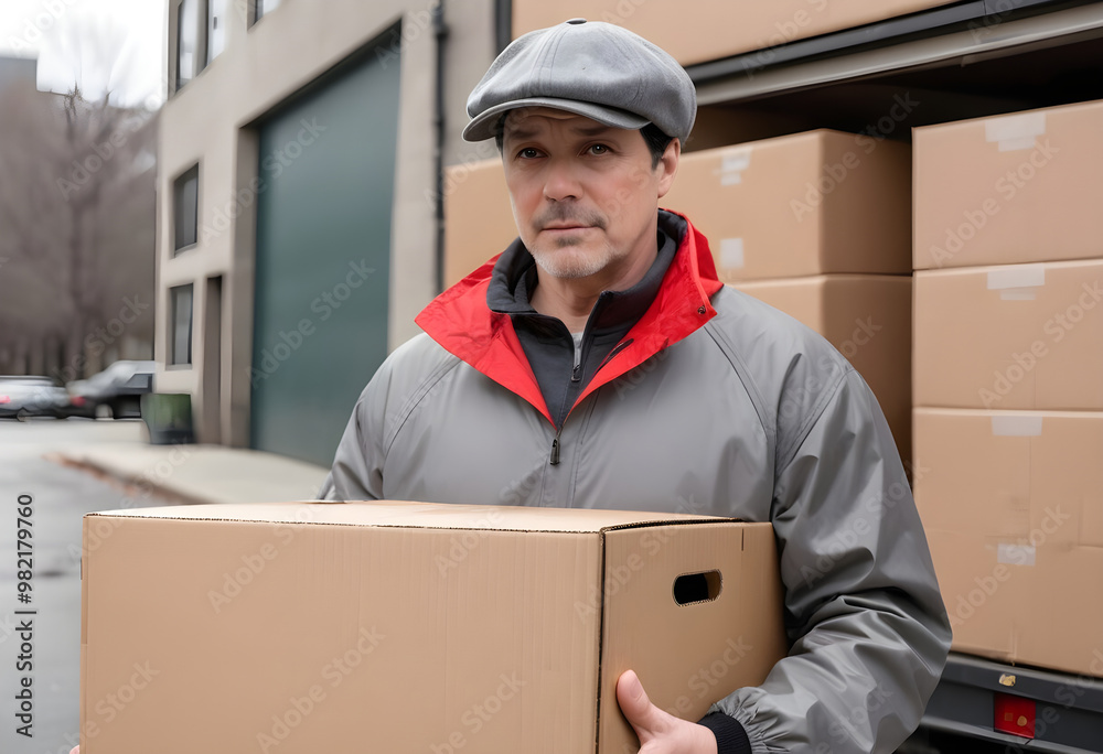 A middle aged man with short black hair is carrying cardboard box while wearing gray cap and red jacket. He appears focused and determined in an urban setting A middle aged man with short black hair is carrying cardboard box while wearing gray cap and red jacket. He appears focused and determined in an urban setting