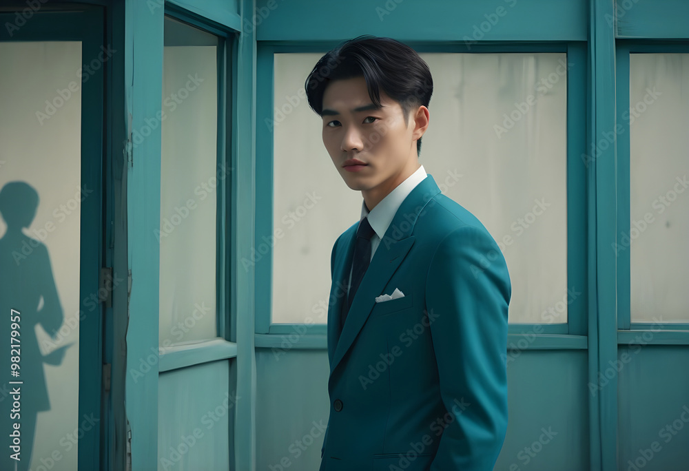Fototapeta premium A young and handsome man in stylish teal suit stands confidently in modern, minimalist setting. soft lighting creates serene atmosphere, enhancing his poised expression