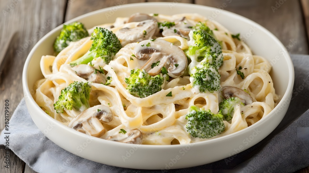 A bowl of fettuccine with broccoli, in creamy white sauce, Generative AI A bowl of fettuccine with broccoli, in creamy white sauce, Generative AI
