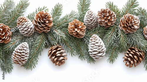 Snowy Pine Cones and Branches on a White Background