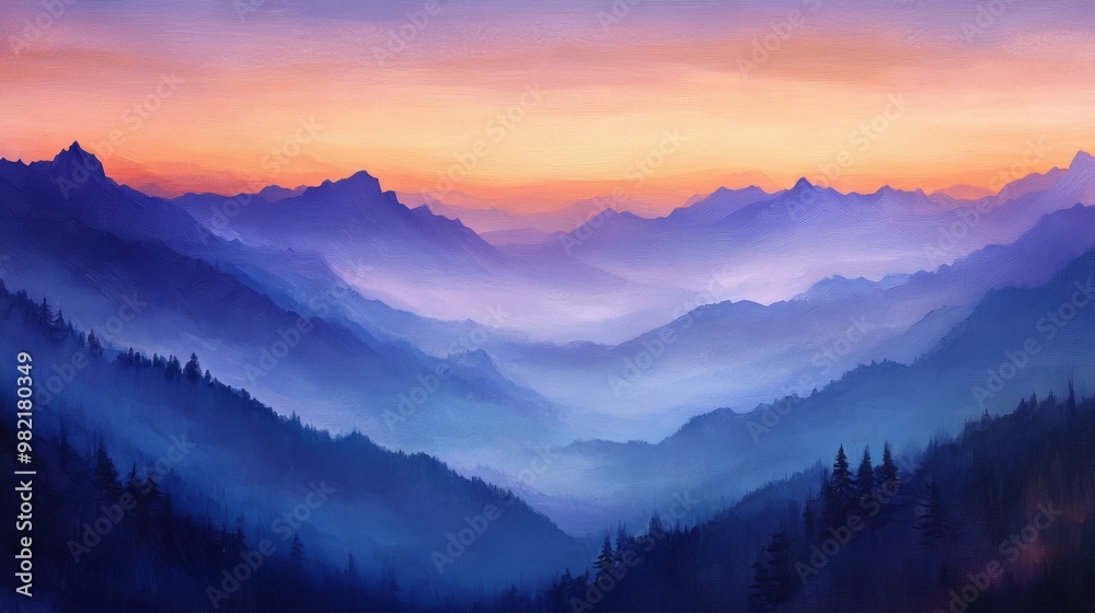 A Misty Mountain Range at Sunrise, Painted with Blue and Purple Hues