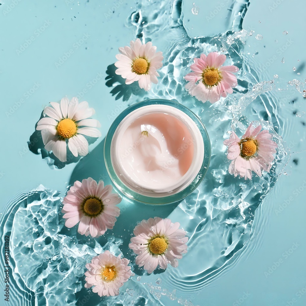 Creative beauty fashion wellness concept photo of cosmetic beauty product bottle jar cream lotion with flowers and water splashes drops still life flat lay top view. Creative beauty fashion wellness concept photo of cosmetic beauty product bottle jar cream lotion with flowers and water splashes drops still life flat lay top view.