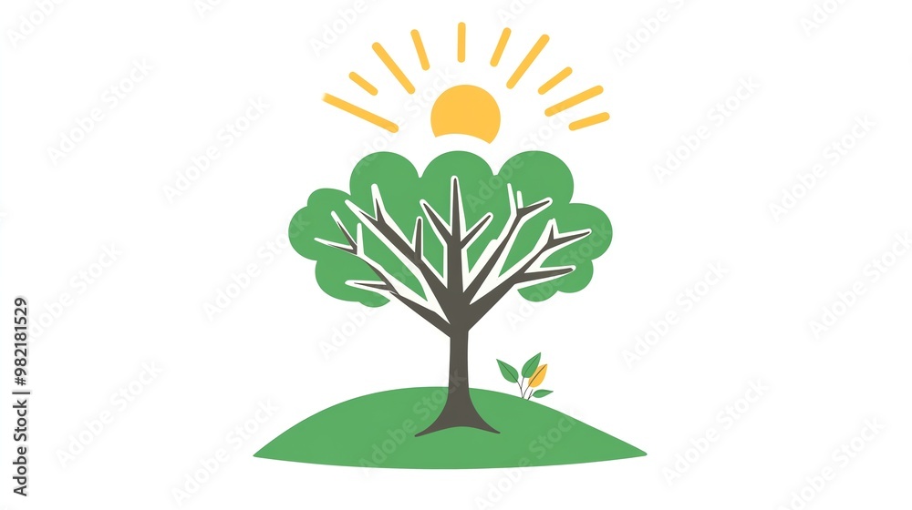 Simple, stylized illustration of a tree in a grassy field with the sun shining above.