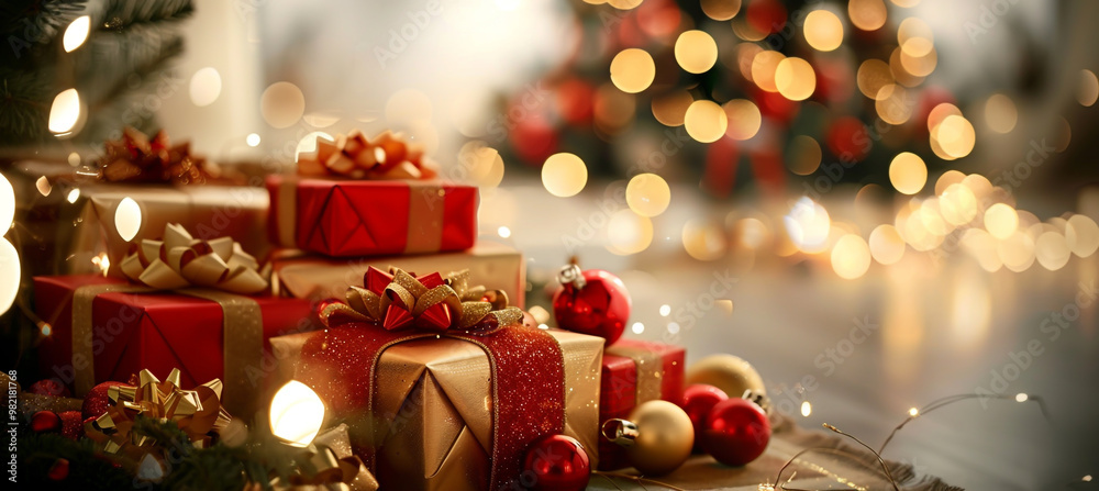 Red and gold Christmas presents on a table with a tree Red and gold Christmas presents on a table with a tree
