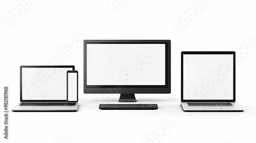 A Desktop Monitor, Two Laptops, and a Smartphone with Blank Screens