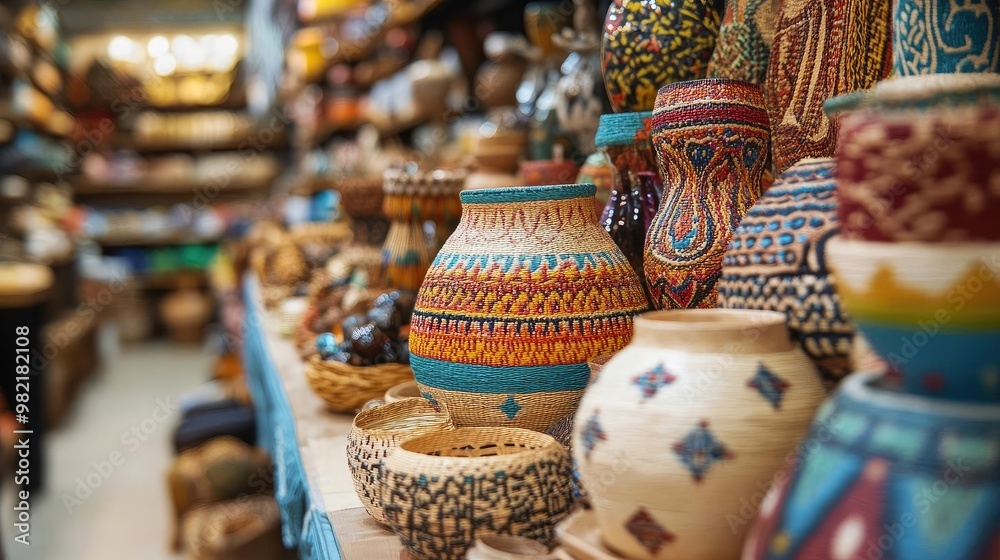 Fototapeta premium Colorful handcrafted pottery displayed in a vibrant market, showcasing intricate designs and cultural artistry.