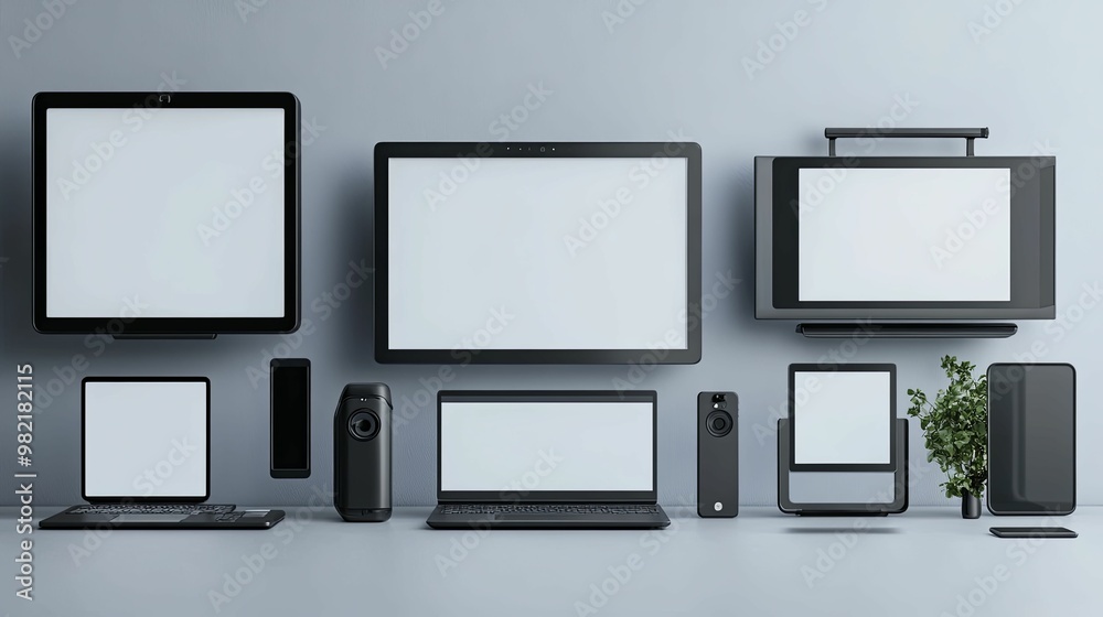 Black Electronic Devices and a Plant on a Desk Black Electronic Devices and a Plant on a Desk