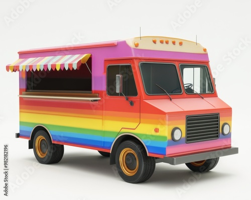 A colorful food truck painted with a rainbow design.