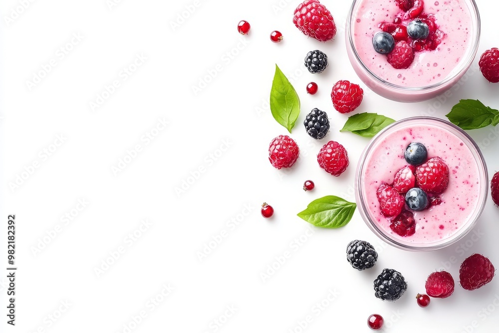 Two glasses of pink smoothie with berries and leaves on a white background. Two glasses of pink smoothie with berries and leaves on a white background.