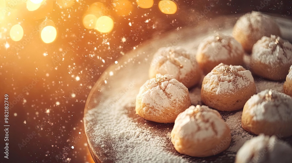 Close-up of delicious cookies dusted with powdered sugar, creating a festive atmosphere with sparkling lights in the background. Close-up of delicious cookies dusted with powdered sugar, creating a festive atmosphere with sparkling lights in the background.