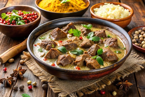 Savory kormaa dish blending aromatic spices, rich cream, and tender meat, satisfying taste buds with a harmonious photo