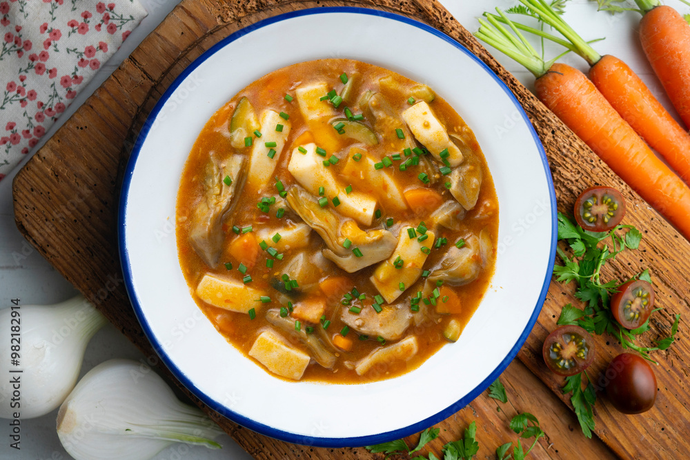 Squid stew with potatoes, artichokes and vegetables. Top view table with decoration. Squid stew with potatoes, artichokes and vegetables. Top view table with decoration.