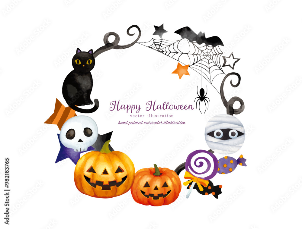 水彩手書きタッチのハロウィンモチーフのかわいいフレームデザインセット